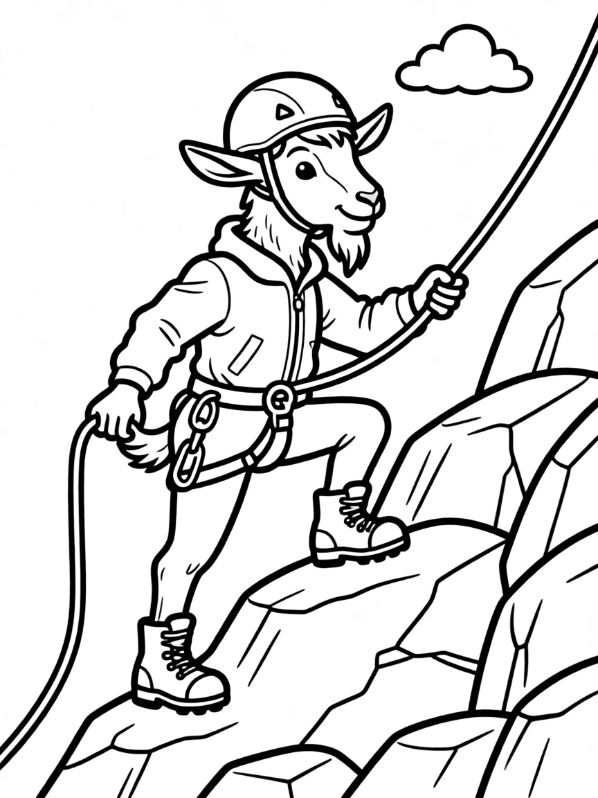A goat mountaineer with climbing gear scaling a rocky hill