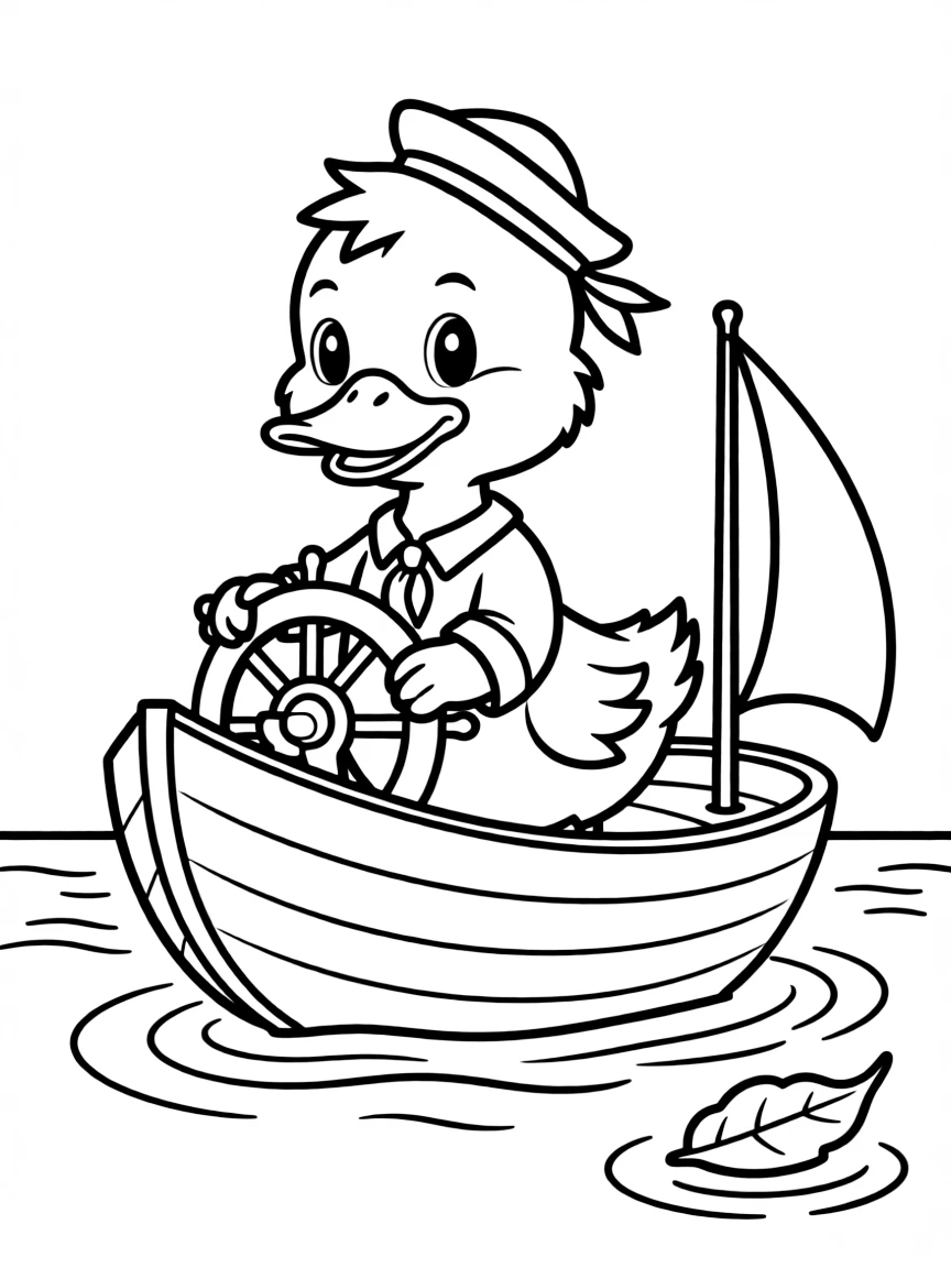 A duckling sailor steering a walnut shell boat