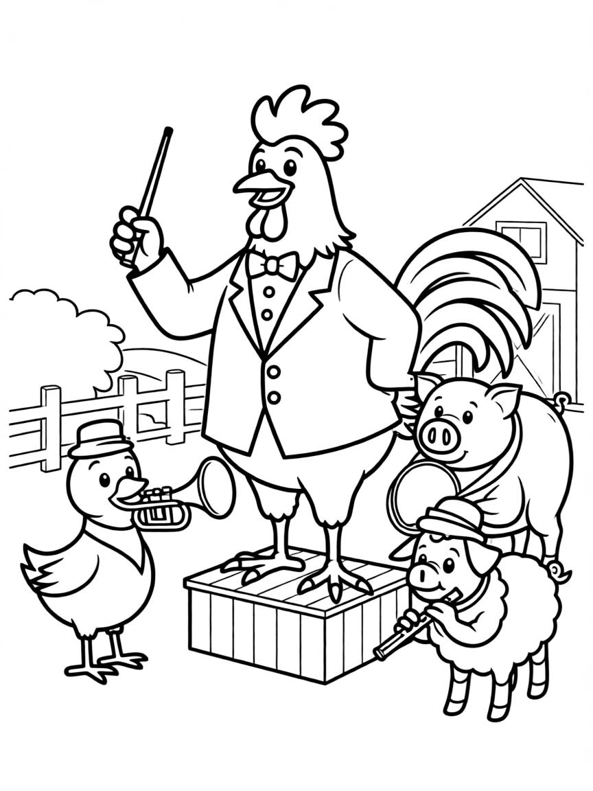 A rooster conductor leading a barnyard band