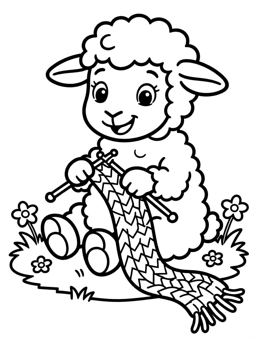 A sheep knitting a scarf with its own wool