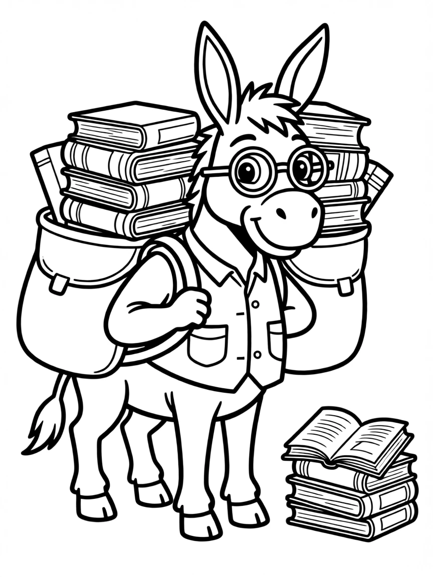 A donkey librarian with saddlebags full of books