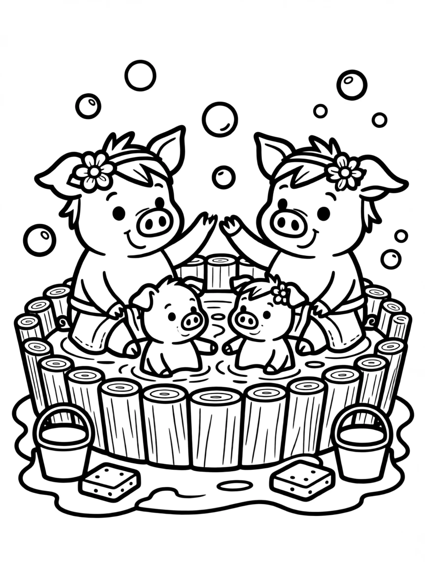 A family of pigs having a mud bath spa day