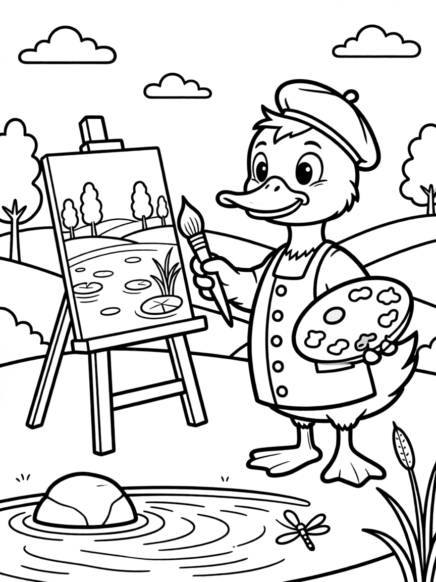 A duck painter creating a pond landscape