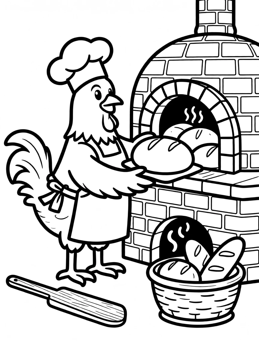 A hen baker pulling fresh bread from an oven