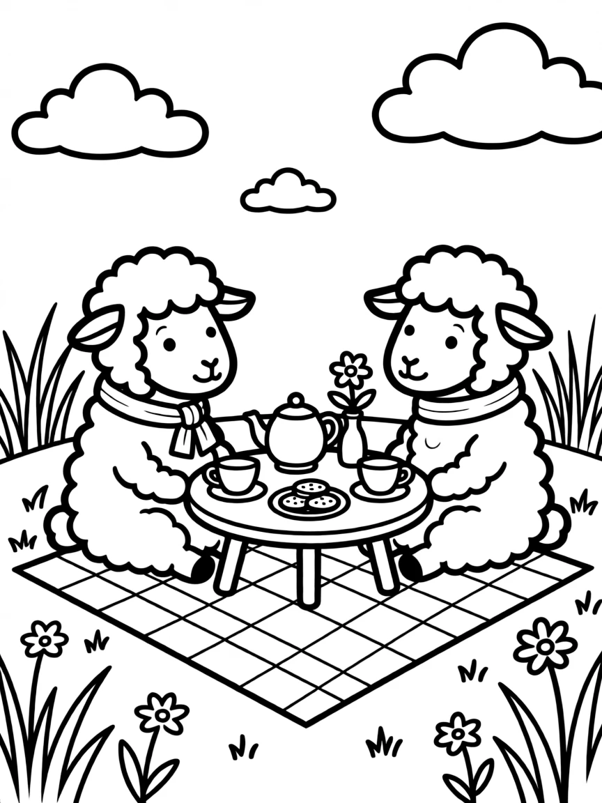 A pair of sheep having a tea party in a meadow