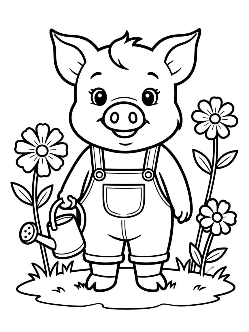 A piglet in overalls watering a flower garden