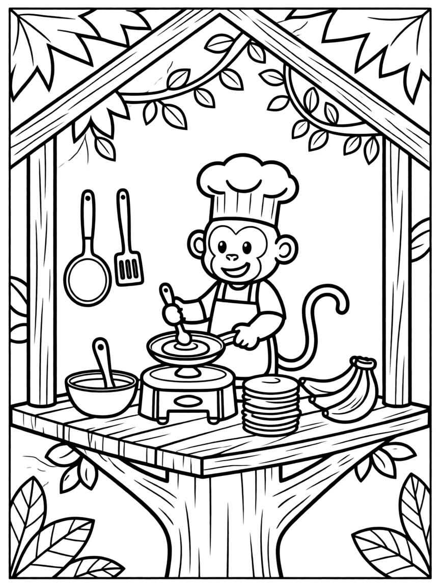 A monkey chef making banana pancakes in a treehouse kitchen