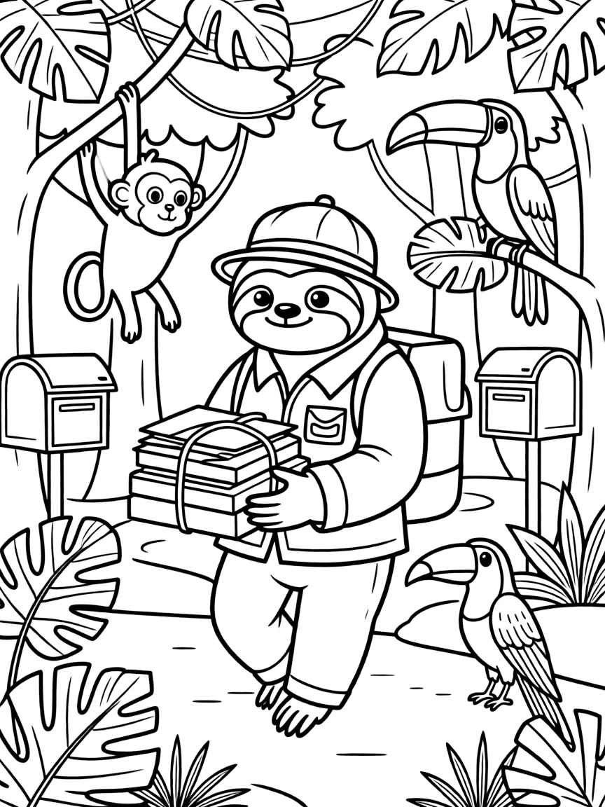 A sloth mail carrier slowly delivering packages to jungle animals