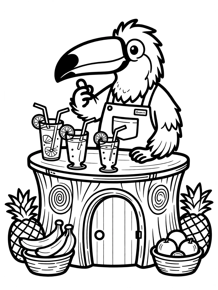 A toucan barista serving fruit smoothies from a hollow tree café