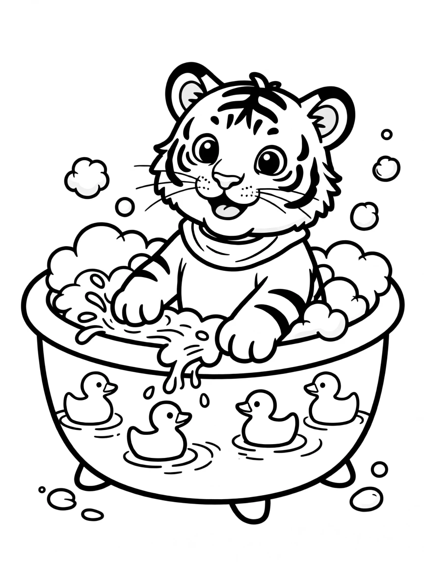 A tiger cub taking a bubble bath with rubber ducks