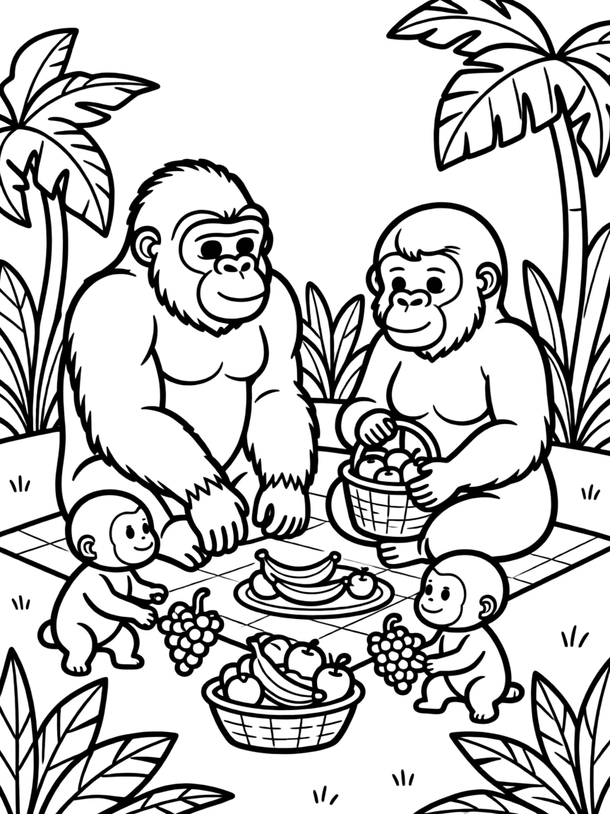 A family of gorillas having a jungle picnic with fruit baskets
