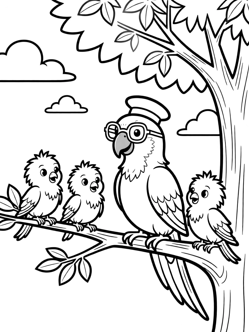 A parrot teacher giving flying lessons to baby birds