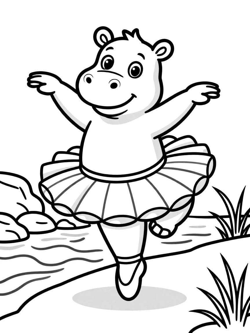 A hippo in a tutu practicing ballet by the river