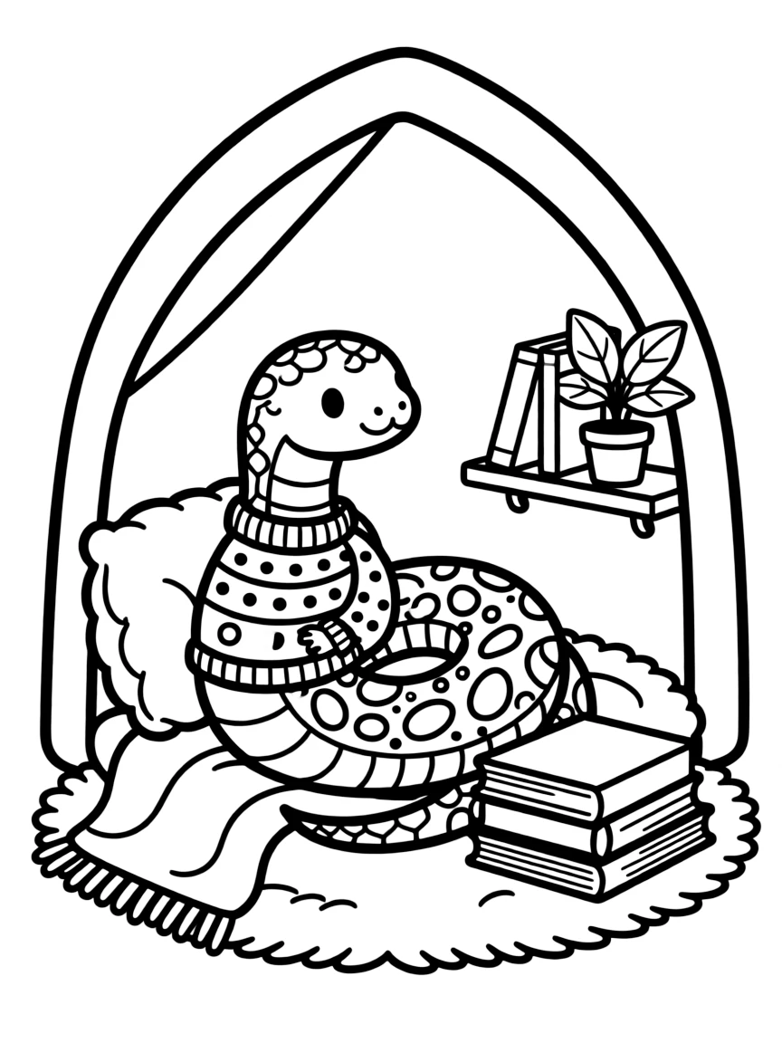 A snake wearing a colorful sweater reading in a cozy nook