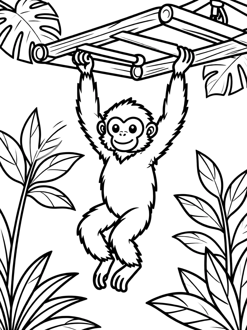 A gibbon playing on jungle gym monkey bars
