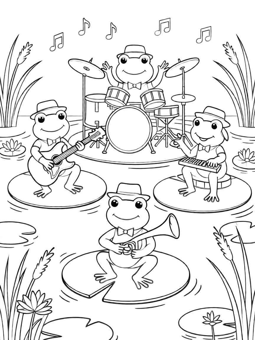 A frog band performing on lily pad stages