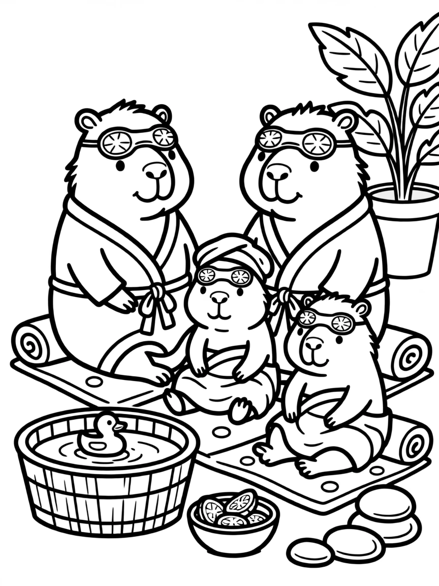 A family of capybaras enjoying a spa day with cucumber eye patches