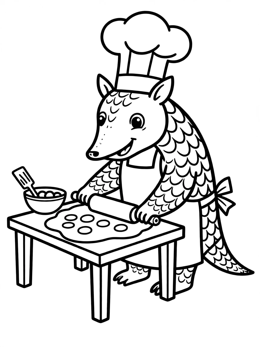 A pangolin in a chef's hat rolling dough for cookies