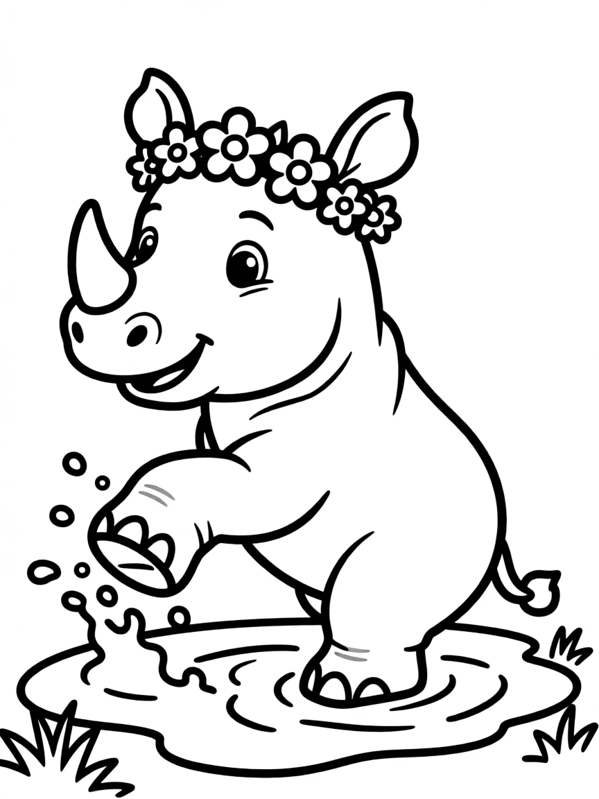 A baby rhino wearing a flower crown playing in a mud puddle