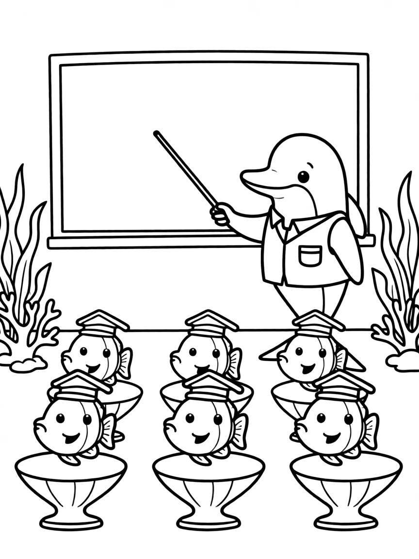 A dolphin teacher with a classroom of fish students