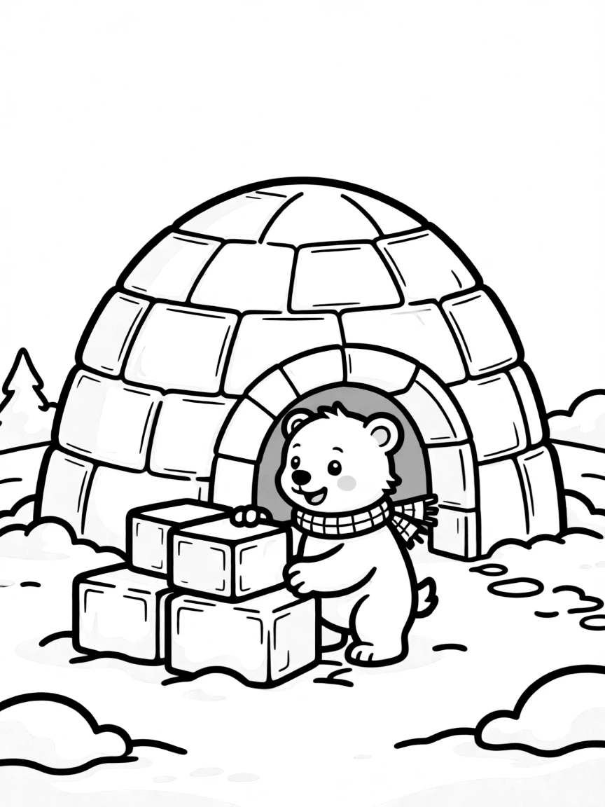A polar bear cub building an igloo with ice blocks