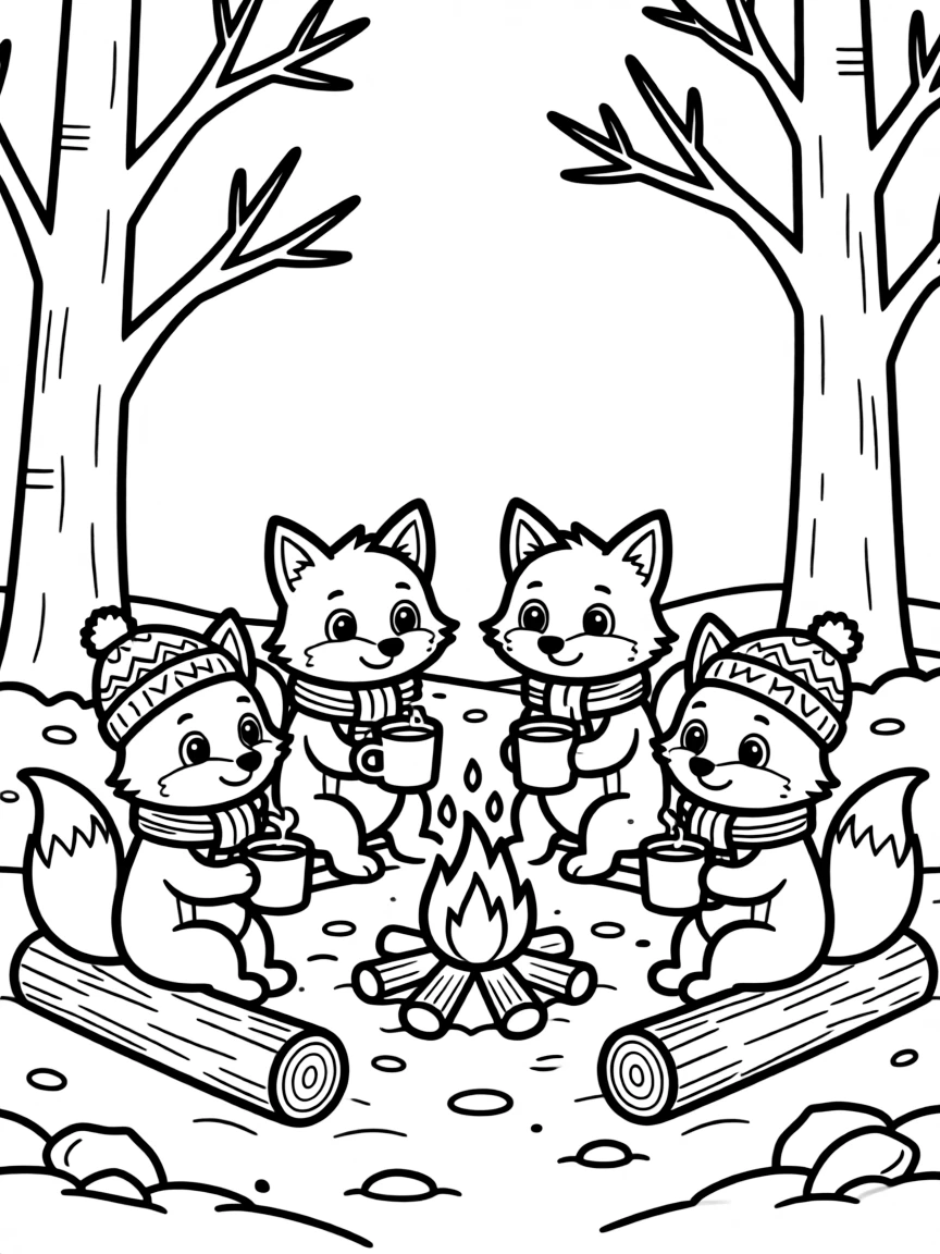 A family of arctic foxes having hot cocoa around a campfire