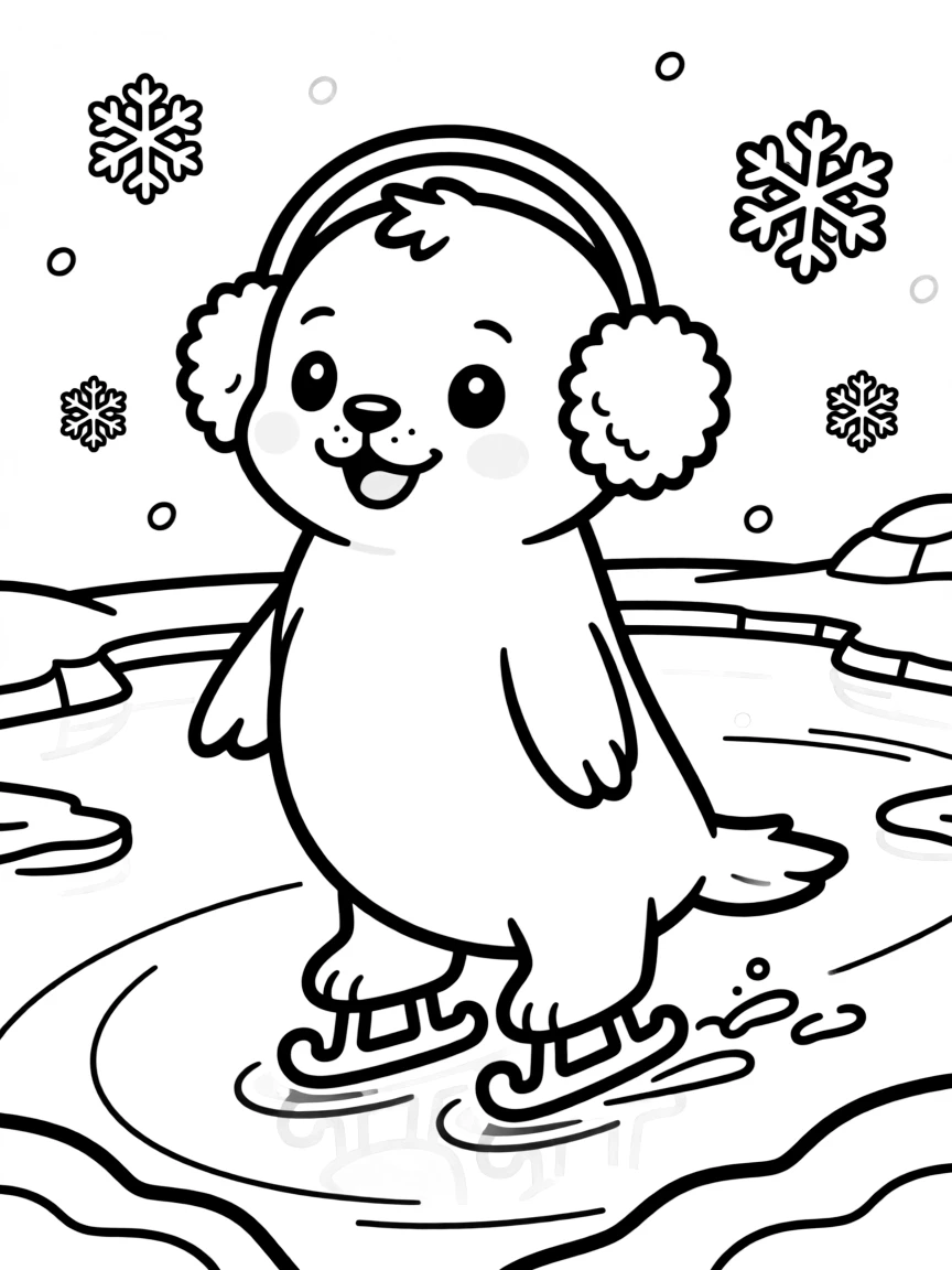 A seal pup wearing earmuffs and ice skating on a frozen pond