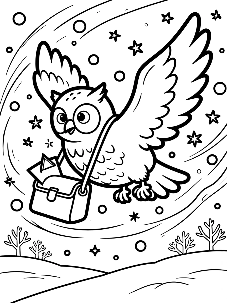 A snow owl delivering mail through a blizzard