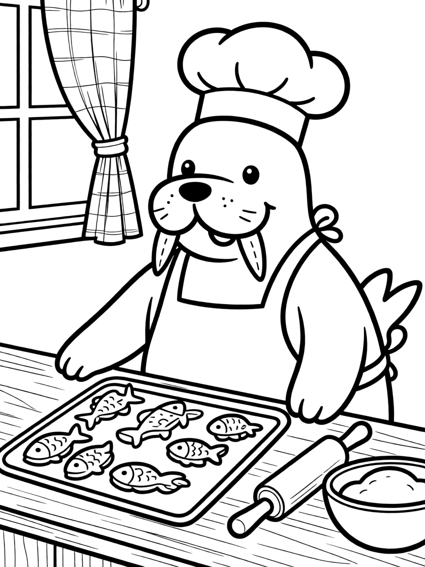 A walrus baker making fish-shaped cookies