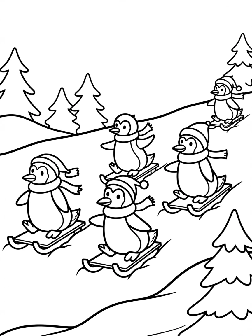 A group of penguins having a sledding party down a snowy hill
