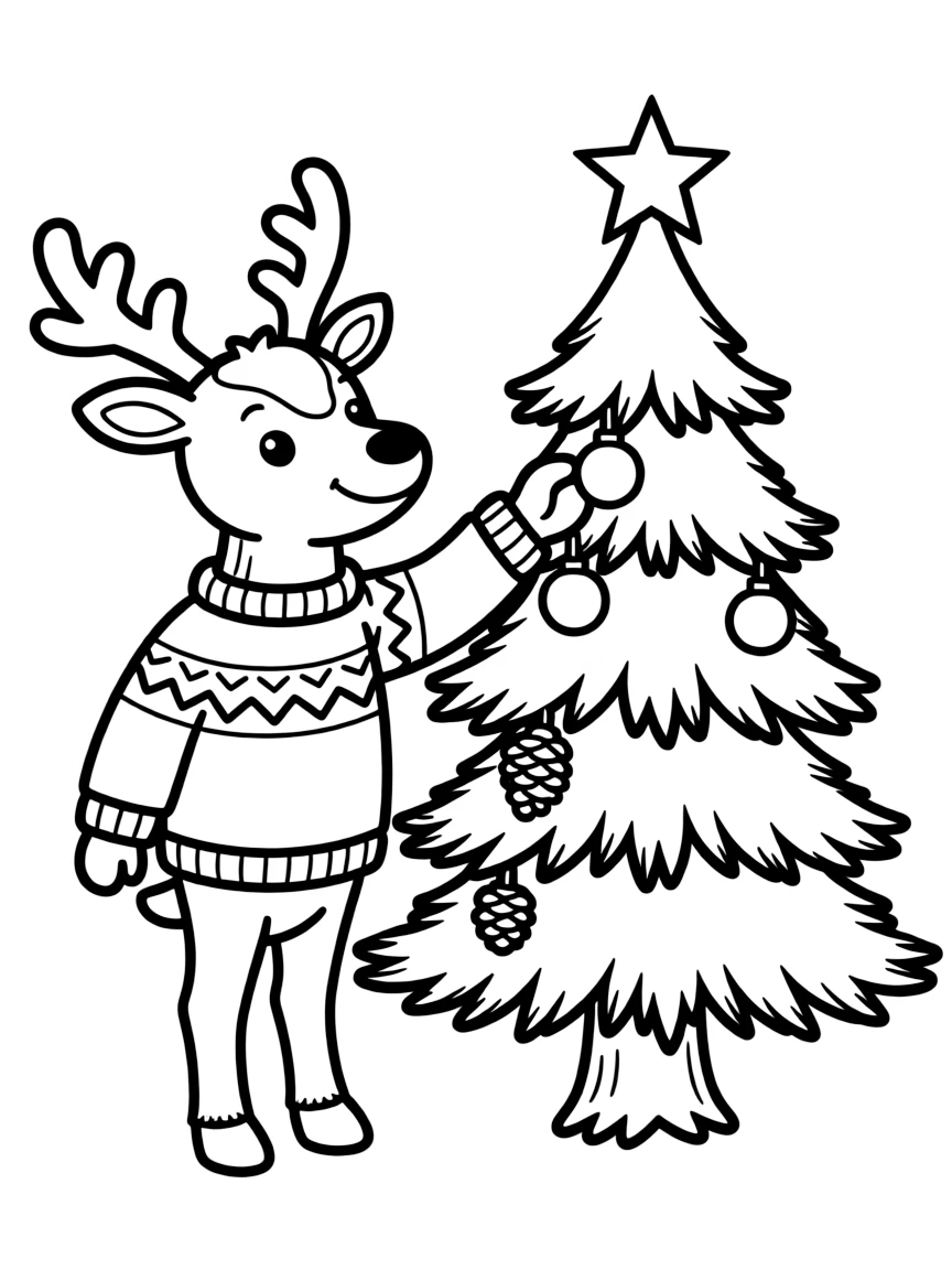 A reindeer in a holiday sweater decorating a pine tree