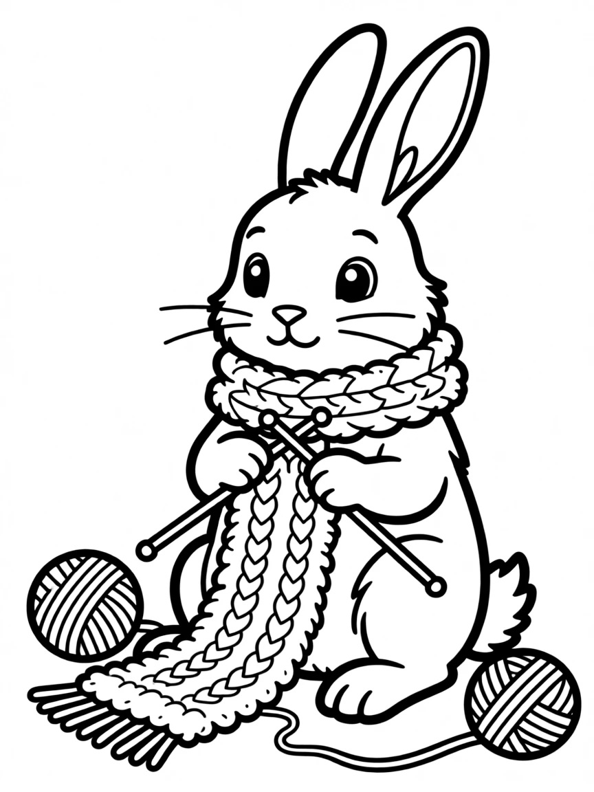An arctic hare knitting a cozy scarf for winter