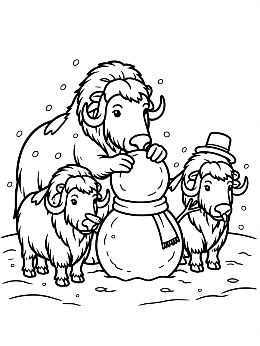 A family of musk oxen building a snowman together