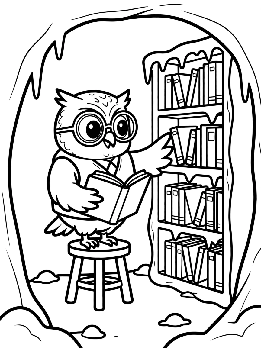 A snowy owl librarian organizing books in an ice cave