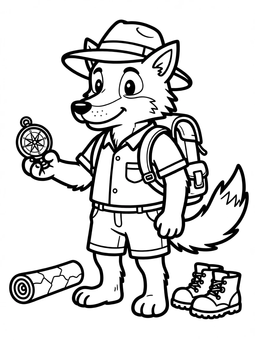 A wolverine explorer with backpack and compass