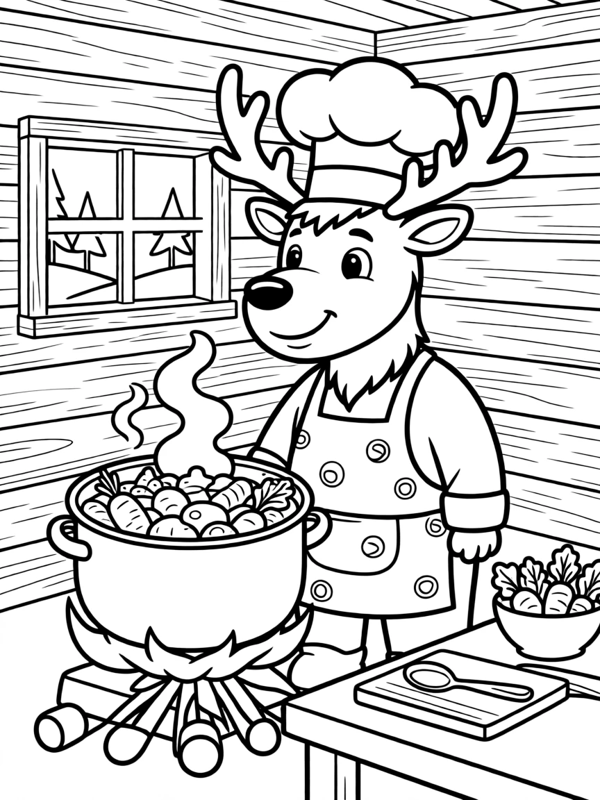 A caribou chef preparing a veggie stew in a cozy cabin