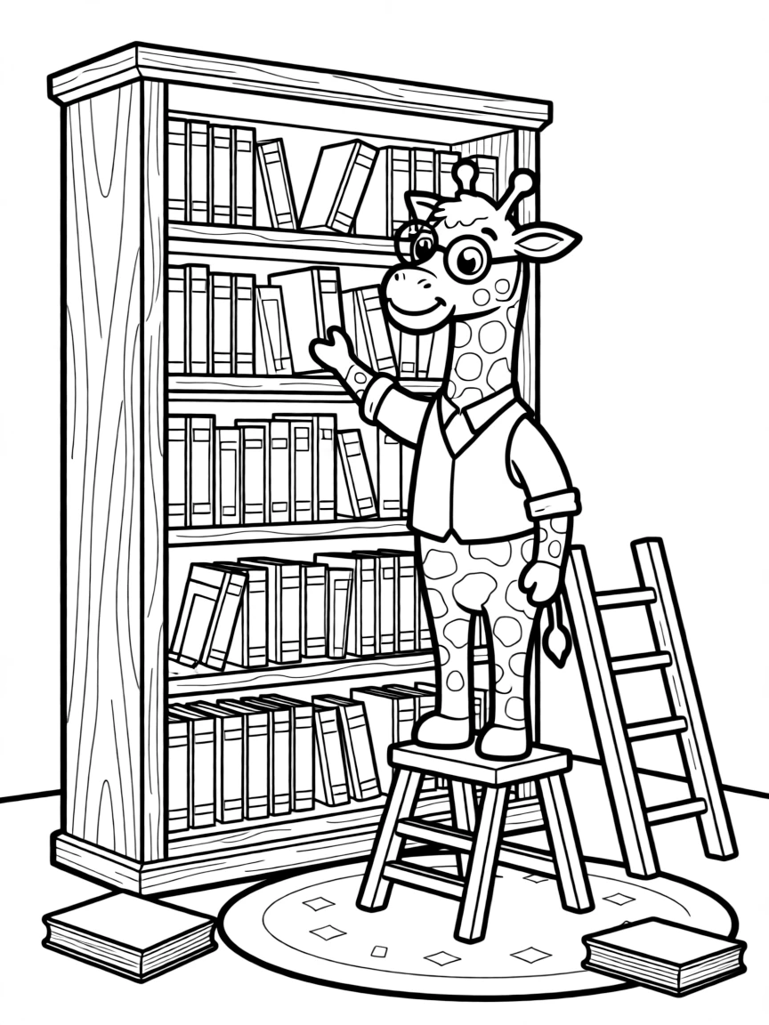 A giraffe librarian arranging books on high shelves