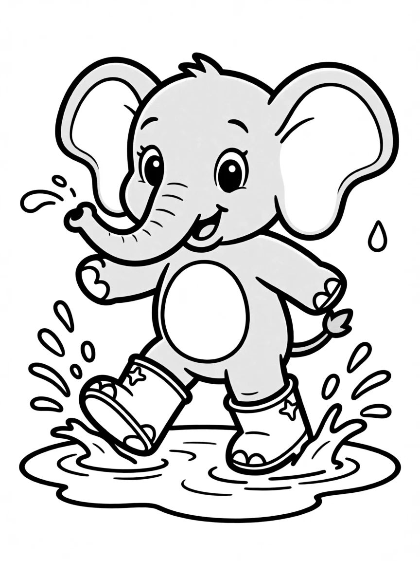 A baby elephant splashing in a puddle wearing rain boots