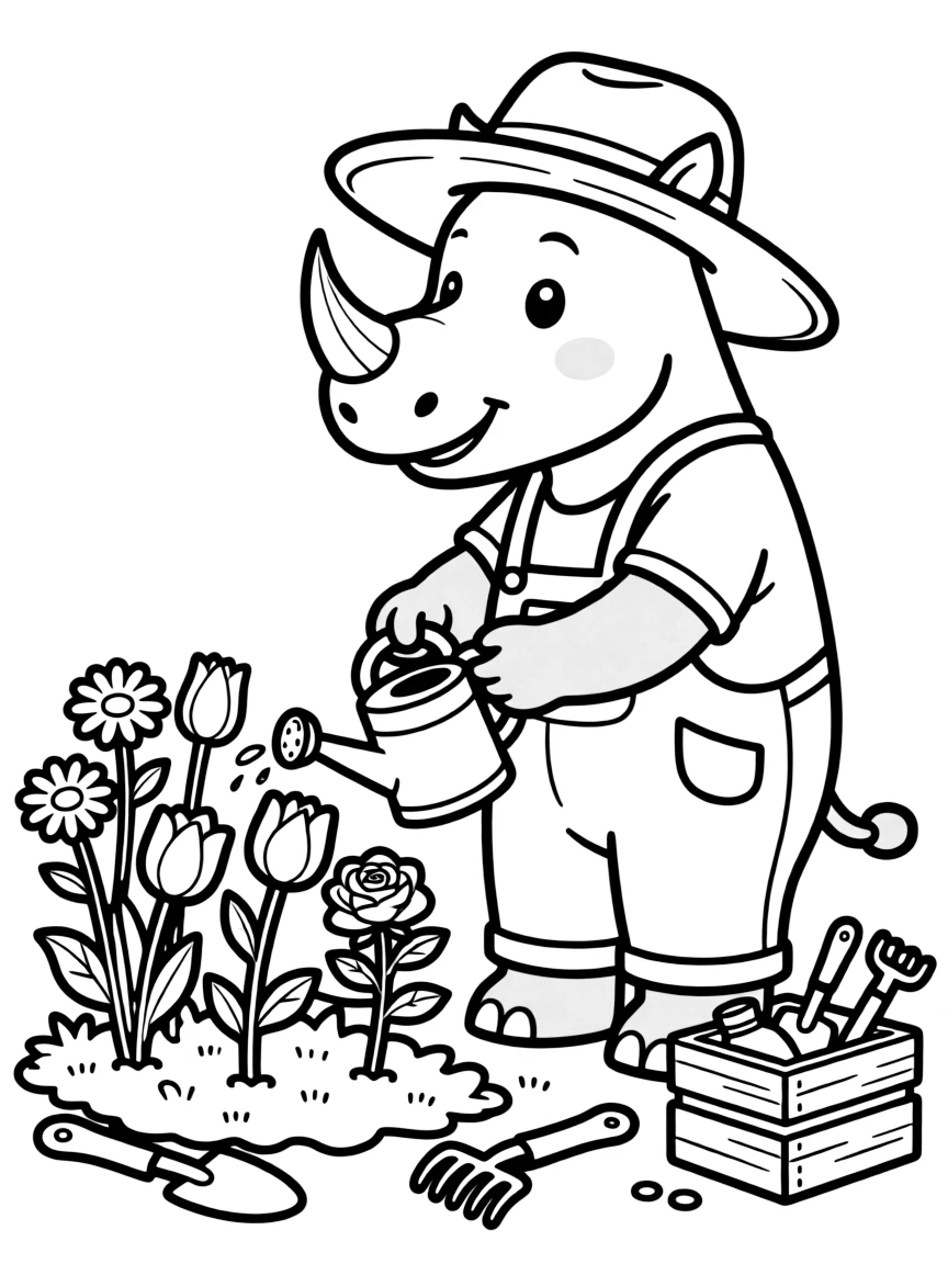A rhino gardener carefully watering delicate flowers