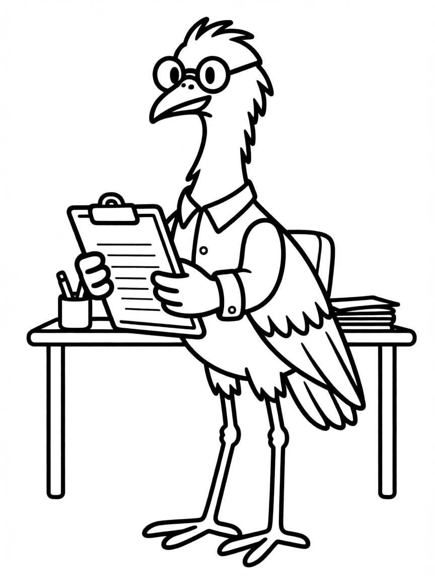 A secretary bird office assistant with glasses and clipboard
