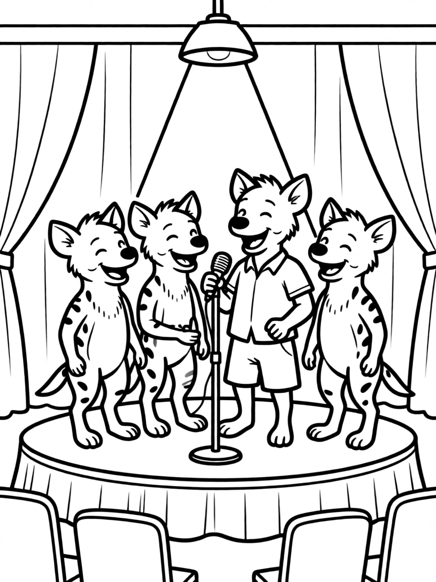 A family of hyenas telling jokes at a comedy night