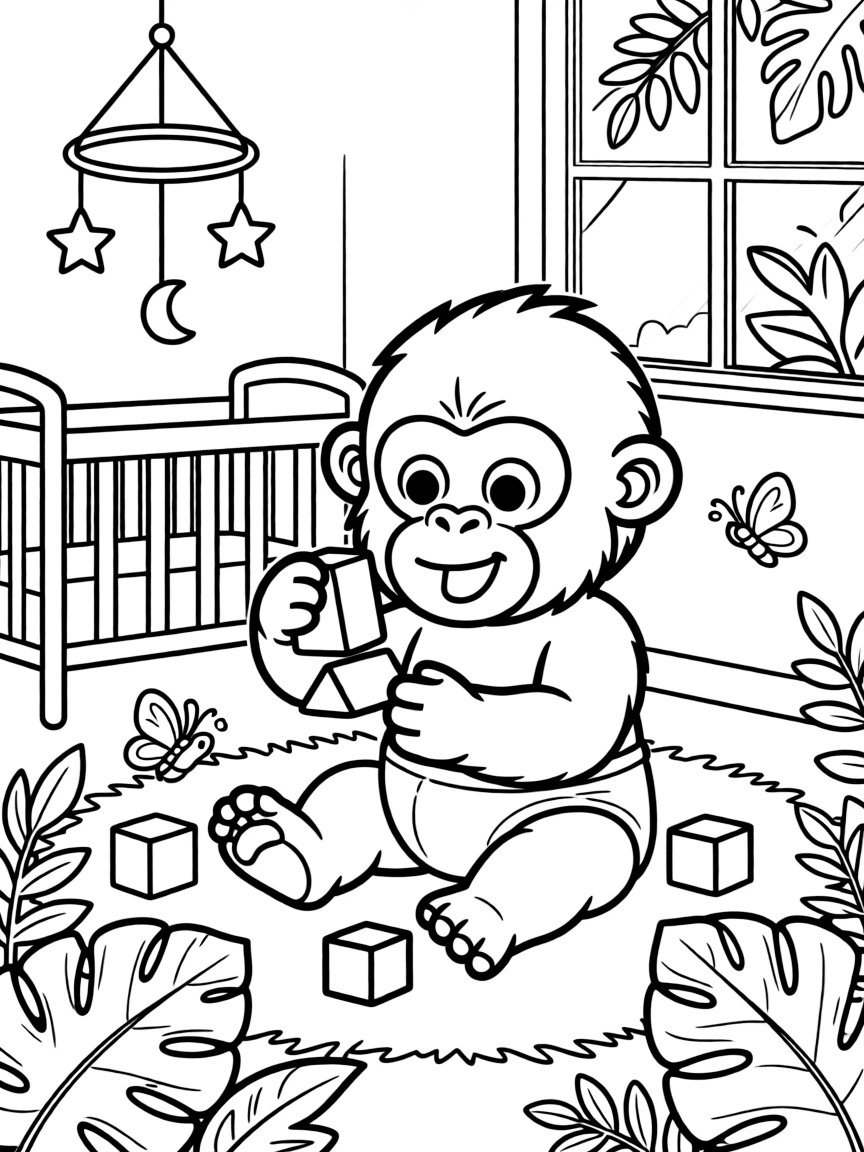 A baby gorilla playing with building blocks in a jungle nursery