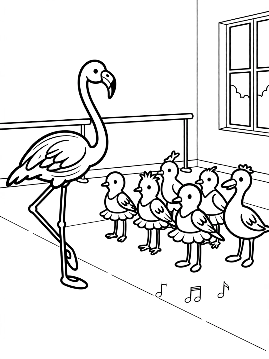 A flamingo ballet teacher leading a class of bird students