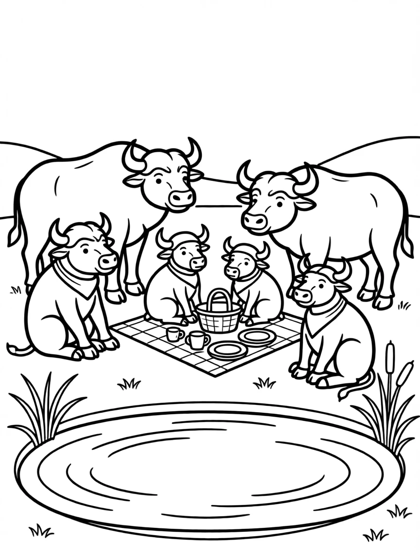 A family of buffalo enjoying a picnic by a watering hole