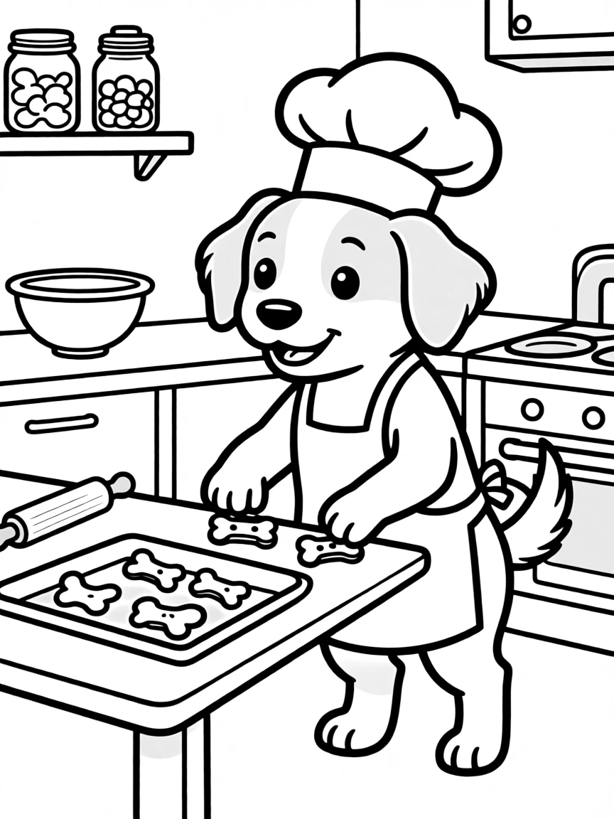 A puppy chef making dog bone cookies in a kitchen
