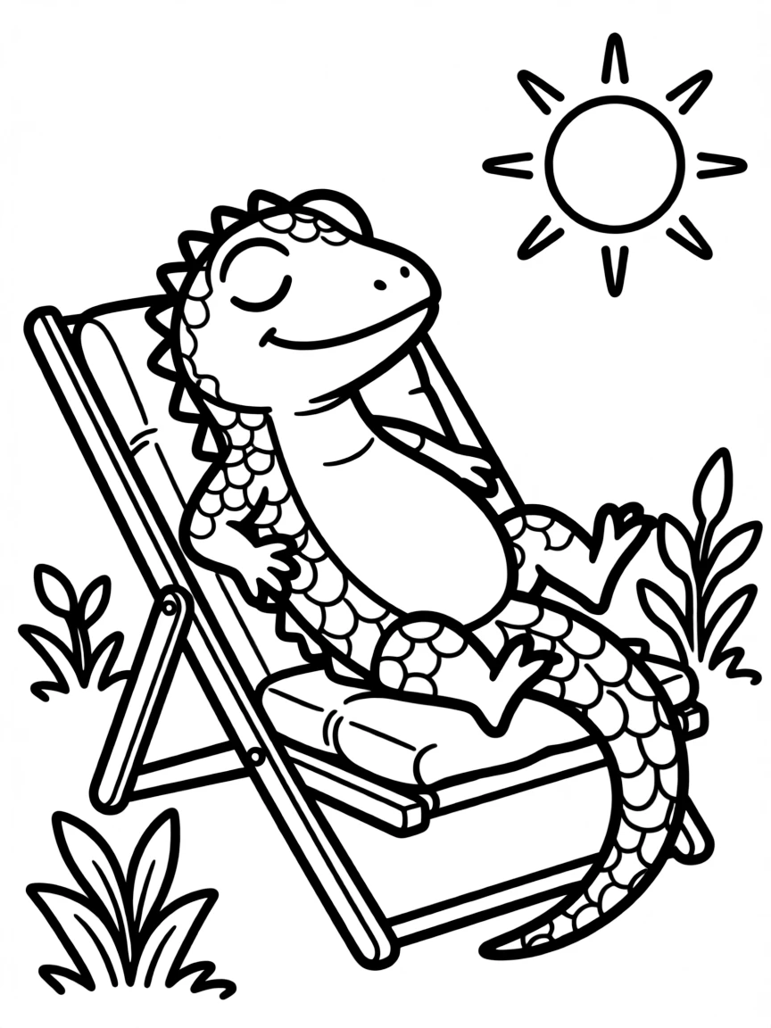 A lizard sunbathing on a tiny lounge chair