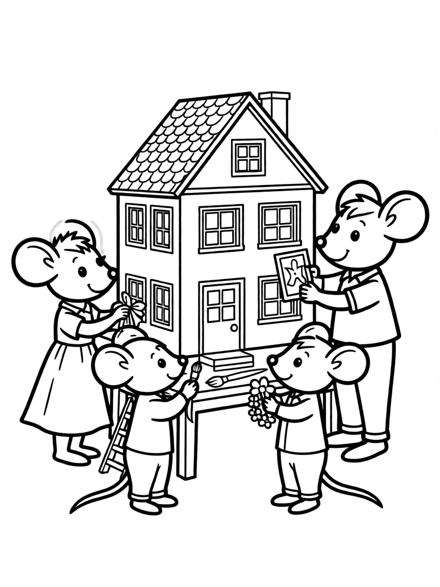A family of mice decorating a dollhouse