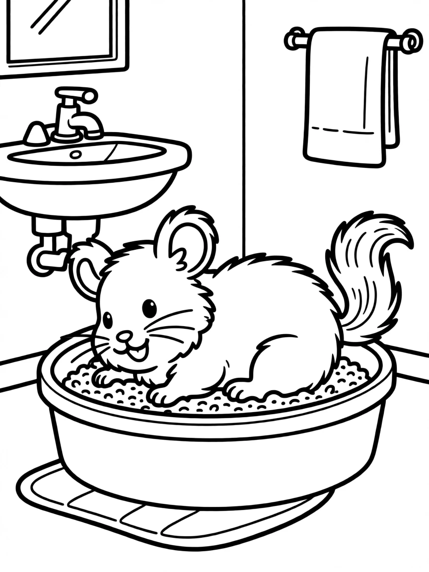 A chinchilla taking a dust bath in a bathroom setting