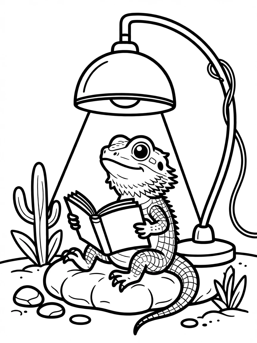 A bearded dragon reading a book under a heat lamp
