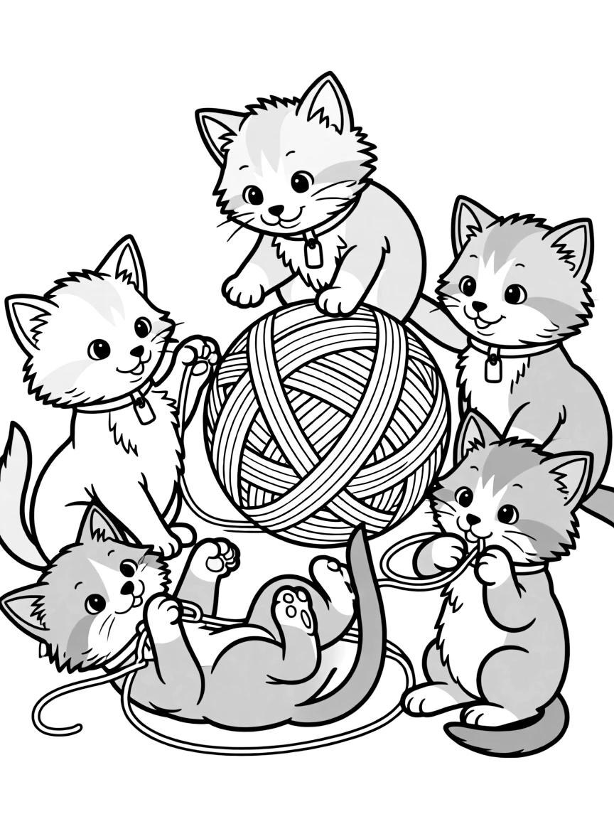 A litter of kittens playing with a ball of yarn